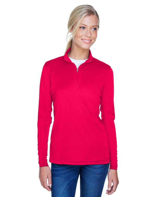 Woman wearing a red knit long-sleeved top