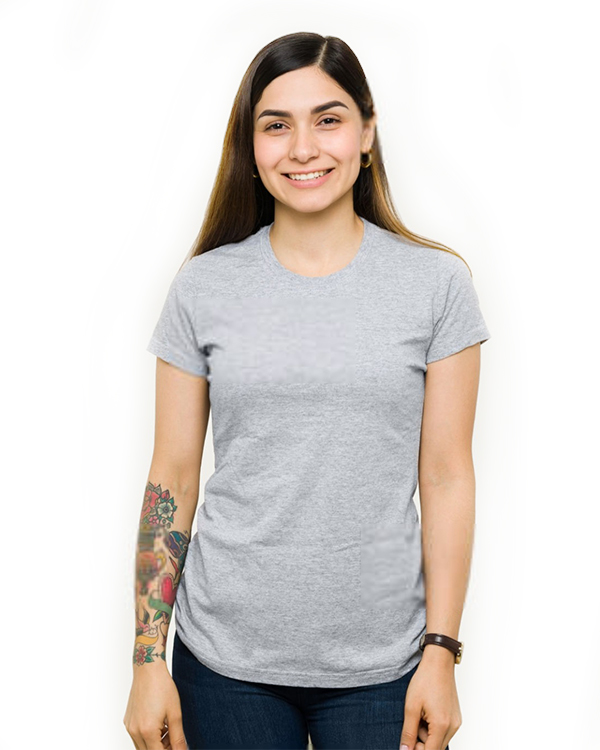 Woman wearing a light gray t-shirt