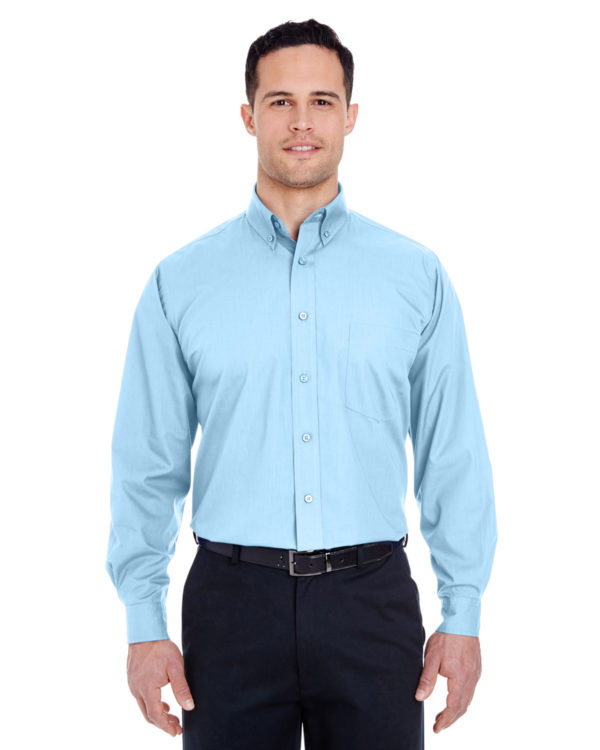 Man wearing a light blue button-up shirt