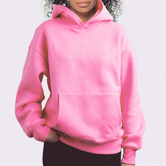Poster of a woman wearing a pink hoodie.