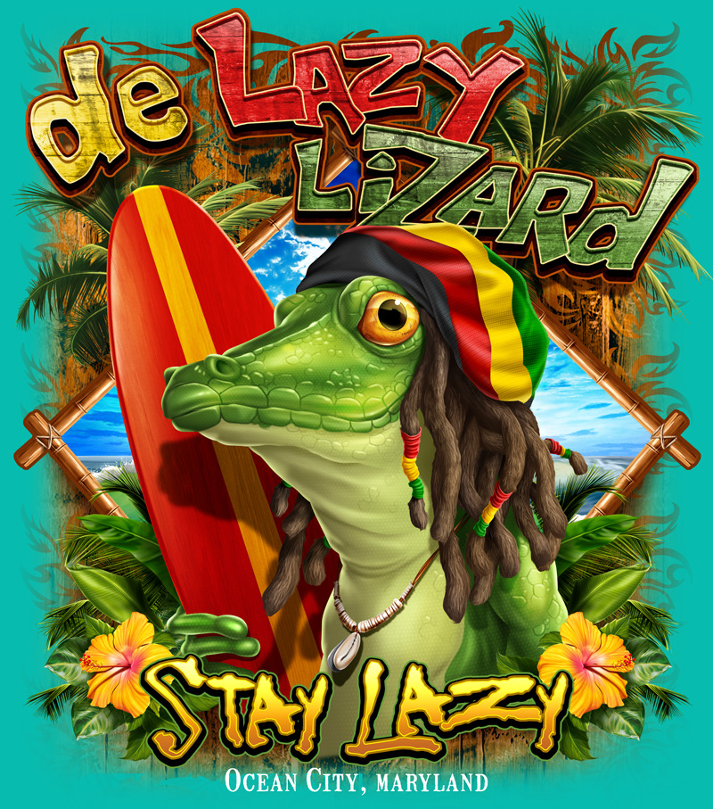 Kitschy design of a lizard with dreadlocks and a surf board.