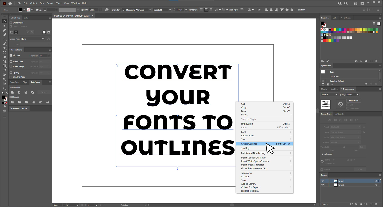 convert fonts to outlines adobe illustrator