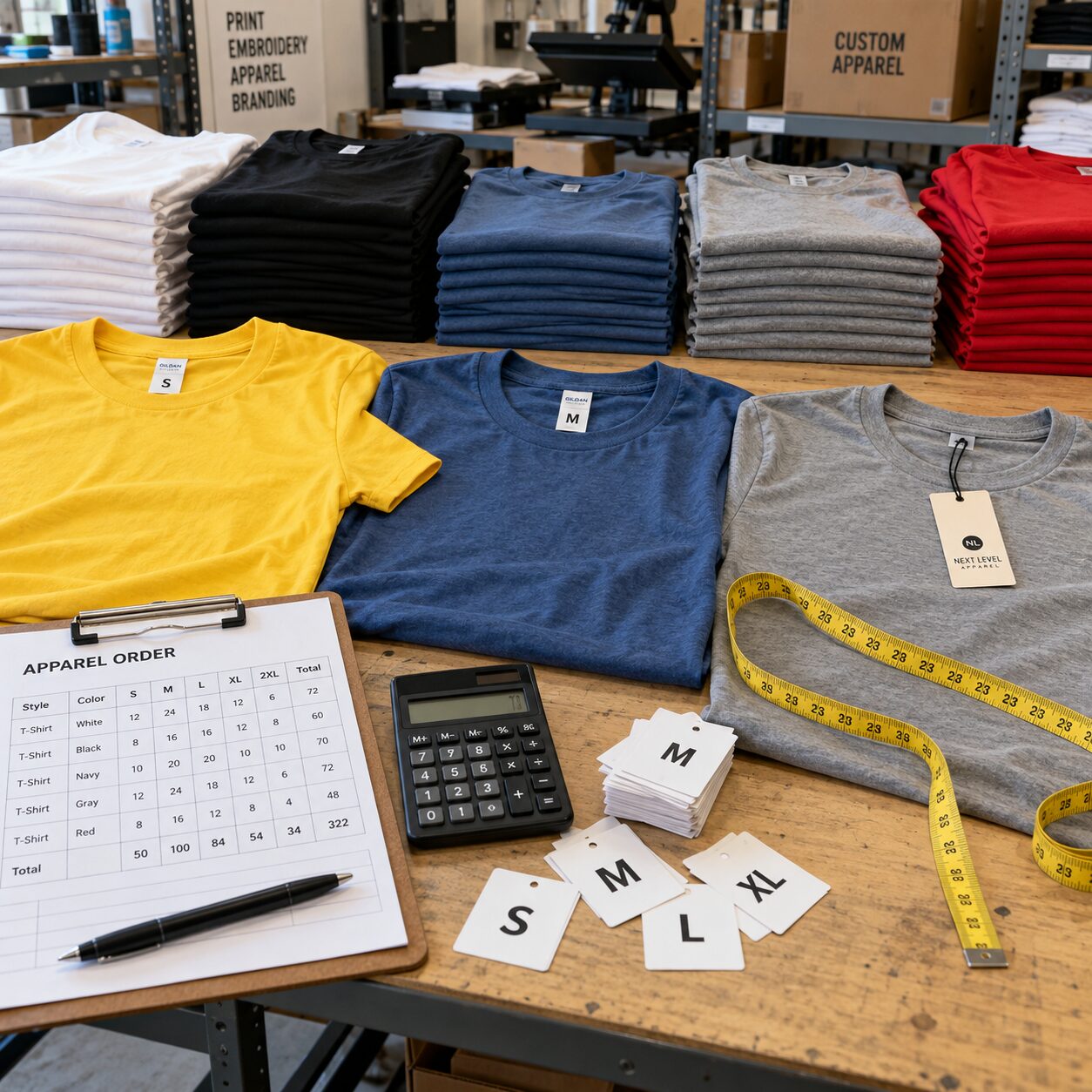 Custom shirts for a group organized by size with an order checklist and measuring tape
